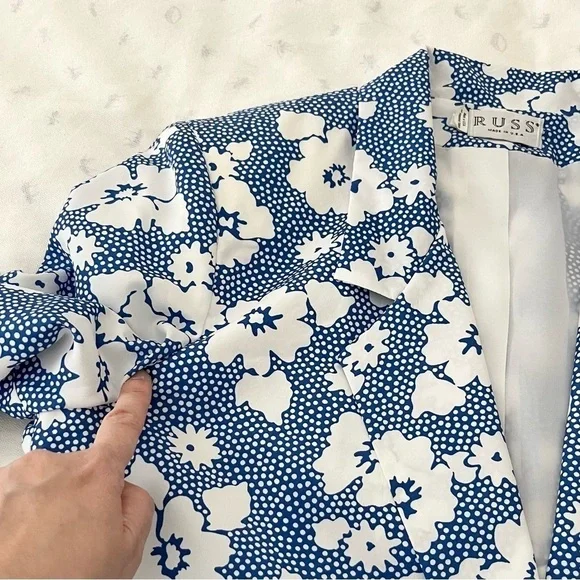 Vintage 80s Russ Union Made Lightweight Floral Blazer - Blue & White, Size 12 - Picture 10 of 15